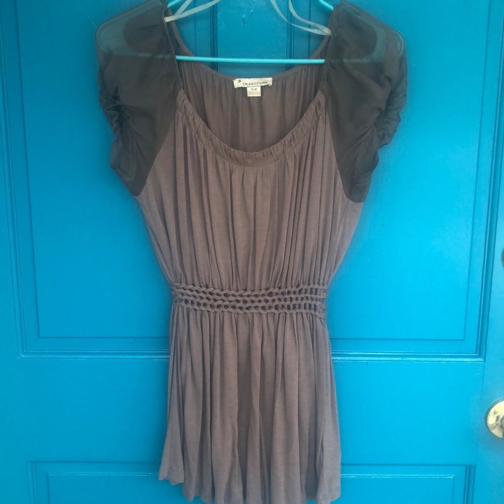 Taupe shirt w/ sheer sleeves/ braided waist detail